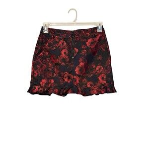 Express Jacquard Ruffle Mini Skirt Size 4 Black Red Floral Zip Front Pockets